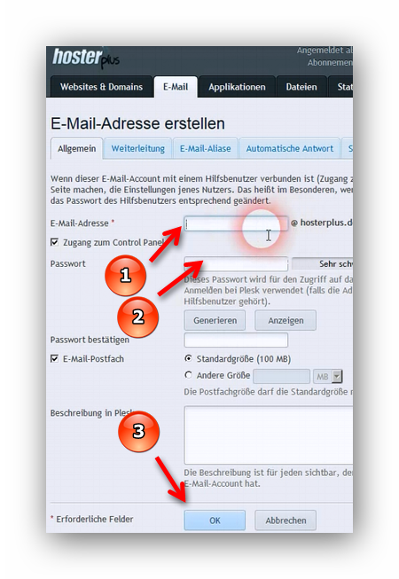 E-Mail-Adresse mit Passwort anlegen in Plesk