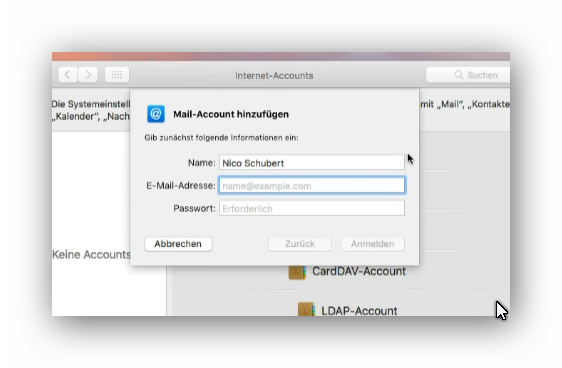 Mailaccount hinzufügen unter unter macOS