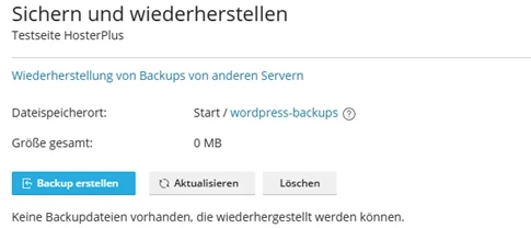 Fenster Sichern und wiederherstellen mit dem Dateispeicherort wordpress-backups und den Schaltfl&auml;chen Backup erstellen, Aktualisieren und L&ouml;schen