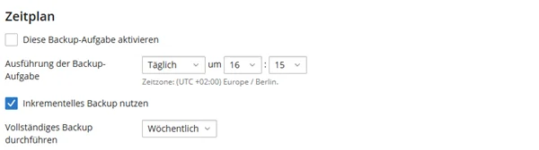Seite Zeitplan mit dem nicht gesetzten H&auml;kchen Diese Backup-Aufgabe aktivieren, der t&auml;glichen Ausf&uuml;hrung um 16:15 Uhr und dem H&auml;kchen Inkrementelles Backup nutzen