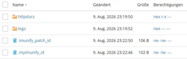 Dateiliste im Plesk-Dateimanager mit den Spalten Name, Ge&auml;ndert, Gr&ouml;&szlig;e und Berechtigungen