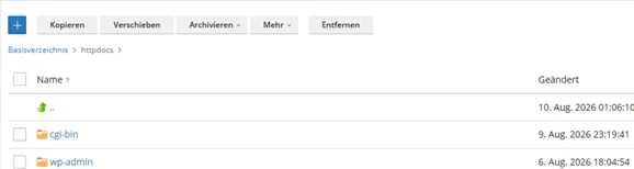Werkzeugleiste des Dateimanagers in Plesk mit Kopieren, Verschieben, Archivieren, Mehr und Entfernen, darunter die Dateiliste mit den Auswahlk&auml;stchen