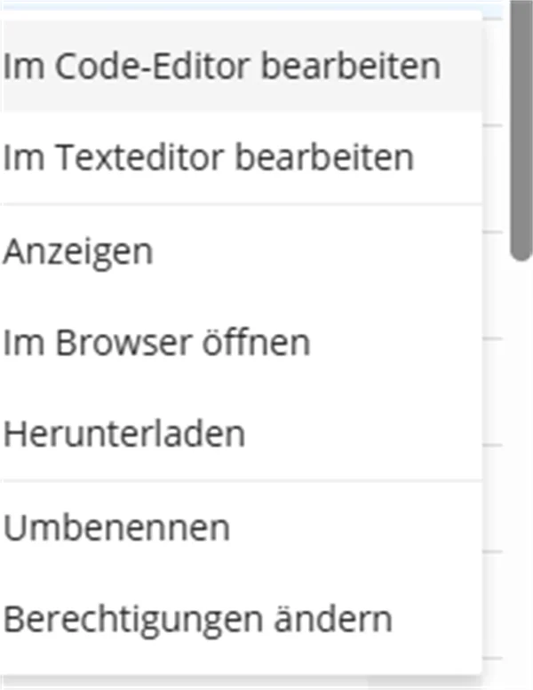 Aktionen-Men&uuml; einer Datei im Plesk File Manager mit Im Code-Editor bearbeiten, Im Texteditor bearbeiten, Anzeigen, Im Browser &ouml;ffnen, Herunterladen, Umbenennen und Berechtigungen &auml;ndern