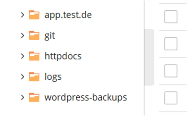 Ordnerbaum im Plesk File Manager mit dem Ordner einer Subdomain sowie git, httpdocs, logs und wordpress-backups