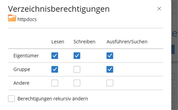Dialog Verzeichnisberechtigungen f&uuml;r httpdocs mit den Spalten Lesen, Schreiben und Ausf&uuml;hren/Suchen sowie den Zeilen Eigent&uuml;mer, Gruppe und Andere