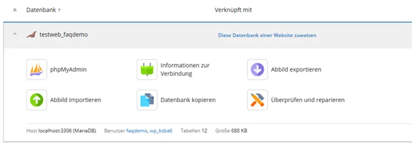 Aufgeklappte Datenbankzeile in Plesk mit den Kacheln phpMyAdmin, Informationen zur Verbindung, Abbild exportieren, Abbild importieren, Datenbank kopieren und &Uuml;berpr&uuml;fen und reparieren