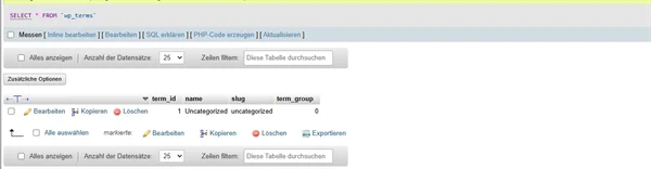 Ergebnisansicht in phpMyAdmin mit der Abfrage SELECT aus der Tabelle wp_terms, einer Datenzeile samt Bearbeiten, Kopieren und L&ouml;schen und der Einstellung Anzahl der Datens&auml;tze 25