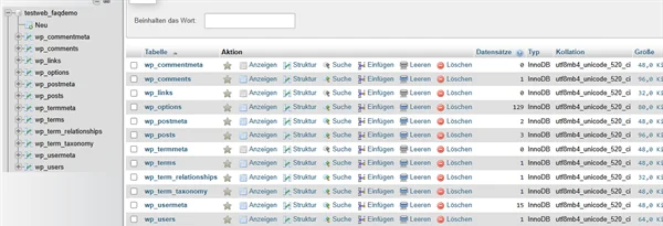 Tabellenliste in phpMyAdmin mit den Spalten Tabelle, Aktion, Datens&auml;tze, Typ, Kollation und Gr&ouml;&szlig;e, links die Liste aller Tabellen