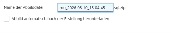 Feld Name der Abbilddatei mit vorbelegtem Namen aus Datenbankname, Datum und Uhrzeit, daneben die feste Endung .sql.zip und das K&auml;stchen Abbild automatisch nach der Erstellung herunterladen