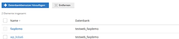 Registerkarte Benutzerverwaltung in Plesk mit der Schaltfl&auml;che Datenbankbenutzer hinzuf&uuml;gen und zwei Benutzern an derselben Datenbank