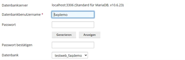 Formular des Datenbankbenutzers mit Datenbankserver localhost, Datenbankbenutzername, leerem Passwortfeld, den Schaltfl&auml;chen Generieren und Anzeigen sowie Passwort best&auml;tigen