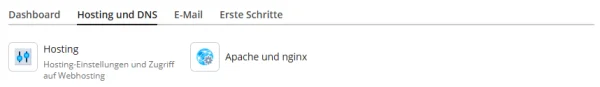 Registerkarte Hosting und DNS in Plesk mit nur zwei Eintr&auml;gen, Hosting und Apache und nginx, daneben die Registerkarten Dashboard, E-Mail und Erste Schritte