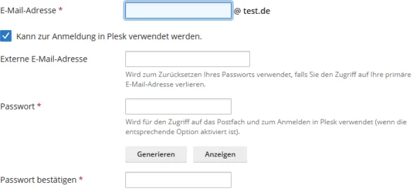 Feld E-Mail-Adresse mit Domainanhang, das angehakte K&auml;stchen Kann zur Anmeldung in Plesk verwendet werden, Externe E-Mail-Adresse und das Passwortfeld mit Generieren und Anzeigen