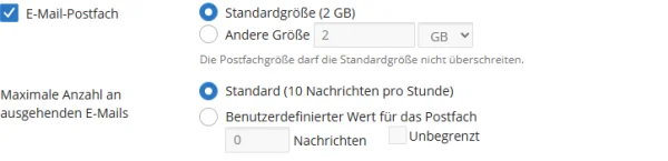 Abschnitt E-Mail-Postfach mit Standardgr&ouml;&szlig;e 2 GB und darunter Maximale Anzahl an ausgehenden E-Mails mit dem Standard von 10 Nachrichten pro Stunde