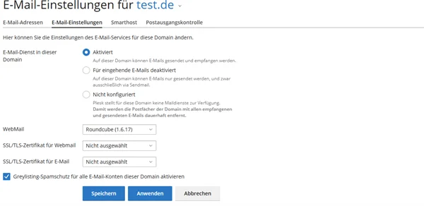 Einstellungsseite einer Domain mit den drei Auswahlpunkten Aktiviert, Fuer eingehende E-Mails deaktiviert und Nicht konfiguriert, darunter Webmail, die Zertifikatsauswahl und der Greylisting-Spamschutz