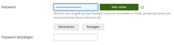Passwortfeld in Plesk mit gr&uuml;ner Bewertung Sehr sicher, den Schaltfl&auml;chen Generieren und Anzeigen sowie dem Feld Passwort best&auml;tigen