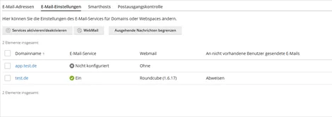 &Uuml;bersicht der E-Mail-Einstellungen in Plesk mit den Spalten Domainname, E-Mail-Service und Webmail