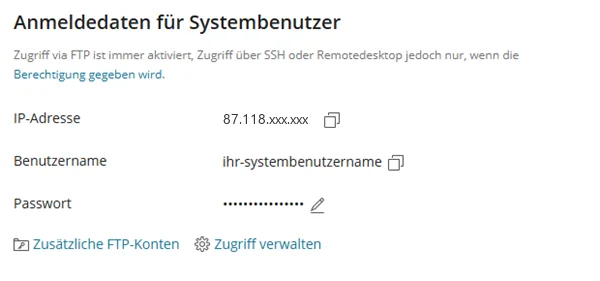 Abschnitt Anmeldedaten f&uuml;r Systembenutzer in Plesk mit IP-Adresse, Benutzername und verdecktem Passwort