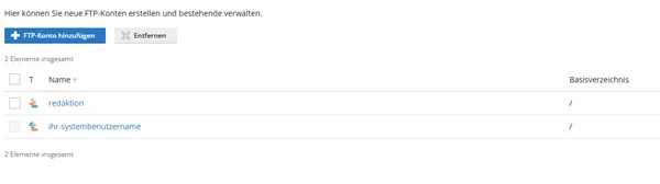 Liste der FTP-Konten in Plesk mit den Spalten Name und Basisverzeichnis, bei beiden Konten steht ein Schr&auml;gstrich