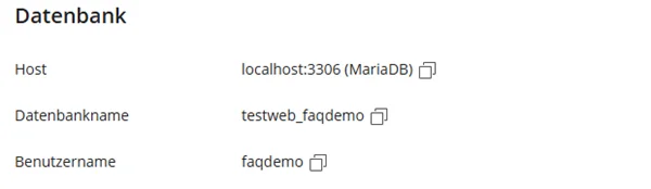 Abschnitt Datenbank mit Host localhost 3306 MariaDB, Datenbankname und Benutzername