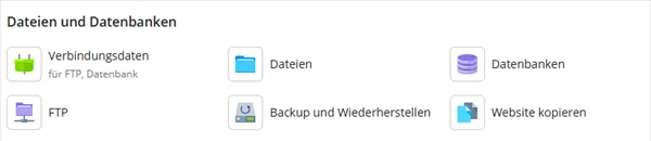 Kachelgruppe Dateien und Datenbanken in Plesk mit Verbindungsdaten f&uuml;r FTP und Datenbank, Dateien, Datenbanken, FTP, Backup und Wiederherstellen sowie Website kopieren