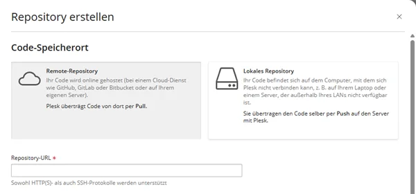 Fenster Repository erstellen mit der Auswahl zwischen Remote-Repository und Lokalem Repository, darunter das Pflichtfeld Repository-URL und der Hinweis, dass HTTP(S)- und SSH-Protokolle unterst&uuml;tzt werden