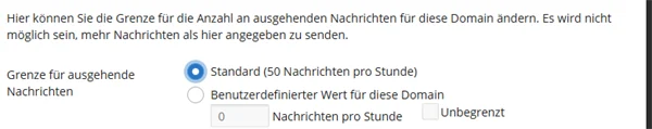 Seite Grenze f&uuml;r ausgehende Nachrichten in Plesk mit dem Hinweis, dass nicht mehr Nachrichten gesendet werden k&ouml;nnen als angegeben, und der Auswahl Standard 50 Nachrichten pro Stunde