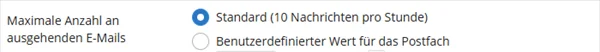 Abschnitt Maximale Anzahl an ausgehenden E-Mails in Plesk mit der Auswahl Standard 10 Nachrichten pro Stunde und Benutzerdefinierter Wert f&uuml;r das Postfach