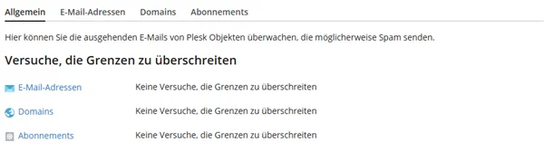 Registerkarte Postausgangskontrolle in Plesk mit dem Abschnitt Versuche, die Grenzen zu &uuml;berschreiten und den drei Zeilen E-Mail-Adressen, Domains und Abonnements