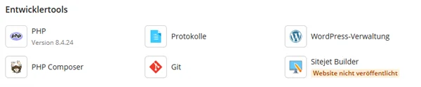 Kachelgruppe Entwicklertools mit den Kacheln PHP, Protokolle, WordPress-Verwaltung, PHP Composer, Git und Sitejet Builder