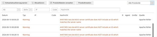 Protokollseite mit Filterfeldern f&uuml;r Datum, Typ, IP, Code und Nachricht sowie mehreren Zeilen des Apache-Fehlerprotokolls