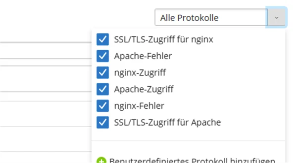 Ge&ouml;ffnetes Auswahlfeld mit den Protokollen SSL/TLS-Zugriff f&uuml;r nginx, Apache-Fehler, nginx-Zugriff, Apache-Zugriff, nginx-Fehler und SSL/TLS-Zugriff f&uuml;r Apache