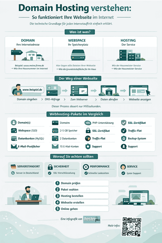 Infografik Domain Hosting: Was ist Domain, Webspace und Hosting - Der Weg einer Webseite erklärt