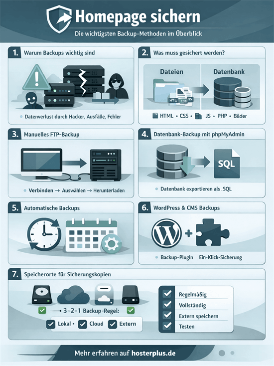 Infografik Homepage sichern: Die wichtigsten Backup-Methoden im &Uuml;berblick - FTP-Backup, Datenbank-Sicherung, automatische Backups und WordPress Backup-Plugins