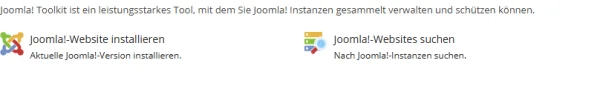 Joomla! Toolkit in Plesk mit den Eintr&auml;gen Joomla!-Website installieren und Joomla!-Websites suchen