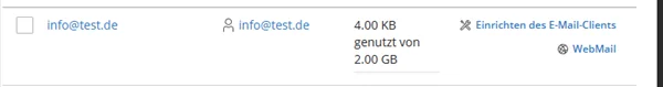Zeile der E-Mail-Adresse in Plesk mit der Belegung und den Verweisen Einrichten des E-Mail-Clients und WebMail