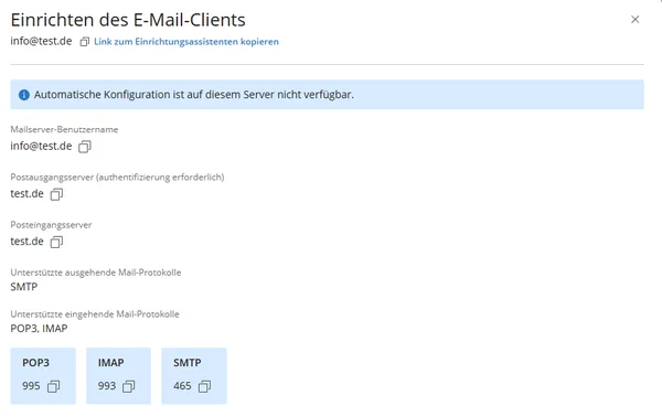 Fenster Einrichten des E-Mail-Clients mit Mailserver-Benutzername, Postausgangsserver, Posteingangsserver, den unterst&uuml;tzten Protokollen und den Ports POP3 995, IMAP 993 und SMTP 465