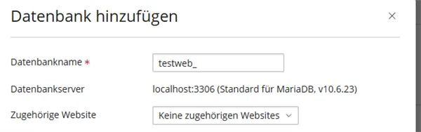 Fenster Datenbank hinzuf&uuml;gen mit Datenbankname, vorbelegtem Pr&auml;fix, Datenbankserver localhost:3306 und Zugeh&ouml;rige Website