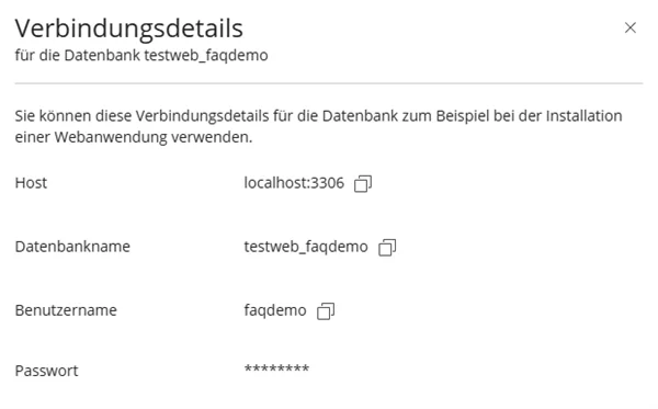 Fenster Verbindungsdetails mit Host localhost:3306, Datenbankname, Benutzername und maskiertem Passwort