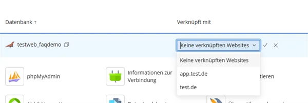 Zeile der Datenbank mit ge&ouml;ffnetem Auswahlfeld Website ausw&auml;hlen und den Werkzeugen phpMyAdmin und Informationen zur Verbindung