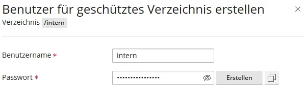 Fenster Benutzer f&uuml;r gesch&uuml;tztes Verzeichnis erstellen mit den Feldern Benutzername und Passwort sowie der Schaltfl&auml;che Erstellen