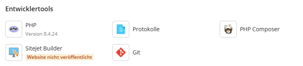 Kachelgruppe Entwicklertools in Plesk mit der Kachel PHP und der laufenden Versionsnummer