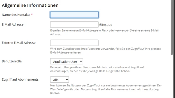 Abschnitt Allgemeine Informationen im Plesk-Formular mit Name des Kontakts, E-Mail-Adresse, Externe E-Mail-Adresse, Benutzerrolle und Zugriff auf Abonnements