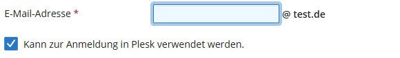 Formular E-Mail-Adresse erstellen in Plesk mit dem Adressfeld und dem bereits gesetzten K&auml;stchen Kann zur Anmeldung in Plesk verwendet werden