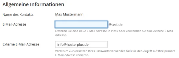 Abschnitt Allgemeine Informationen in Plesk mit den Feldern Name des Kontakts, E-Mail-Adresse und Externe E-Mail-Adresse samt ihren Erkl&auml;rtexten