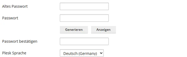 Abschnitt Plesk Voreinstellungen mit den Feldern Altes Passwort, Passwort, den Schaltfl&auml;chen Generieren und Anzeigen, dem Feld Passwort best&auml;tigen und der Auswahl Plesk Sprache