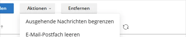 Men&uuml; Aktionen in Plesk mit den Eintr&auml;gen Ausgehende Nachrichten begrenzen und E-Mail-Postfach leeren