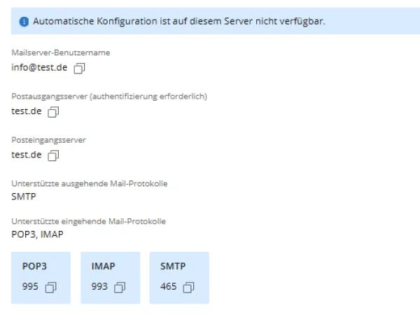 Fenster Einrichten des E-Mail-Clients in Plesk mit Mailserver-Benutzername, Postausgangsserver mit dem Hinweis authentifizierung erforderlich sowie den Ports POP3 995, IMAP 993 und SMTP 465