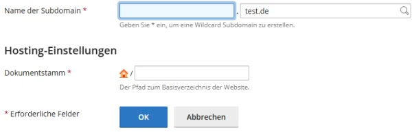 Formular Subdomain hinzuf&uuml;gen in Plesk mit dem Feld Name der Subdomain, dem Dokumentstamm und den Schaltfl&auml;chen OK und Abbrechen