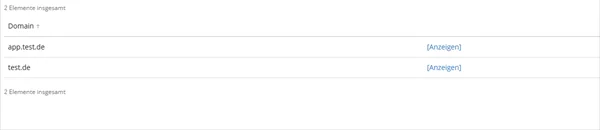 Liste der Domains auf der Seite Webstatistiken, je Zeile der Verweis Anzeigen